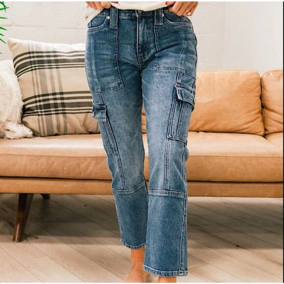 KanCan Avery Straight Leg Cargo Jeans Dark Wash Ankle Cropped Size 1/ 24 - Picture 1 of 7